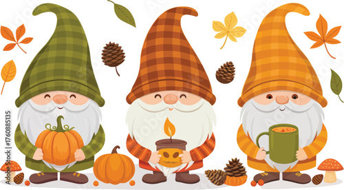 Charming autumn gnomes with seasonal elements isolated on transparent background