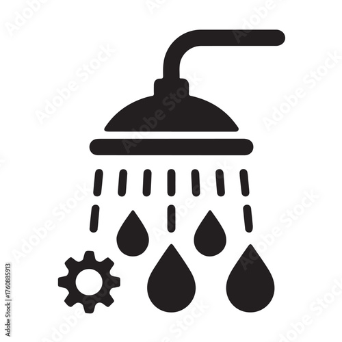 Shower head with falling water drops and a gear icon, isolated on white background
