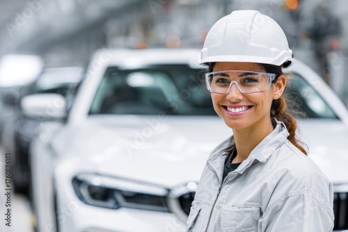 Latina female worker automotive factory industrial woman portrait professional safety equipment