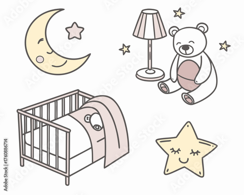 Illustration of baby room with crib, moon, star, lamp, and teddy bear
