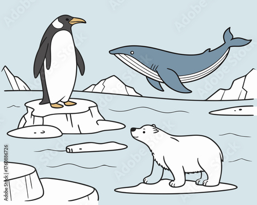 Illustration of arctic animals including a penguin, whale, and polar bear