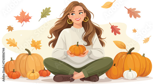 Cheerful young girl in autumn attire holding a basket of leaves isolated on transparent background