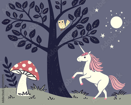 Enchanting night scene with unicorn, mushroom, owls, and moonlit stars
