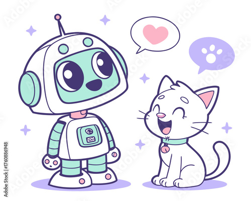 Cute robot and cat, expressing love and friendship