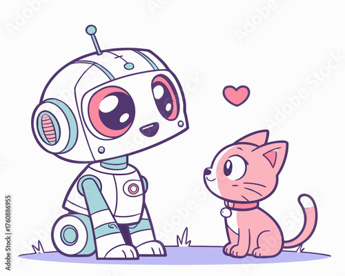 Cute robot and kitten looking at each other