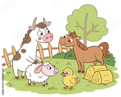 Cartoon farm animals gathered in a field with fence and hay bales