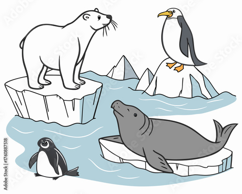 Antarctic animals on ice floes, including a polar bear and a penguin