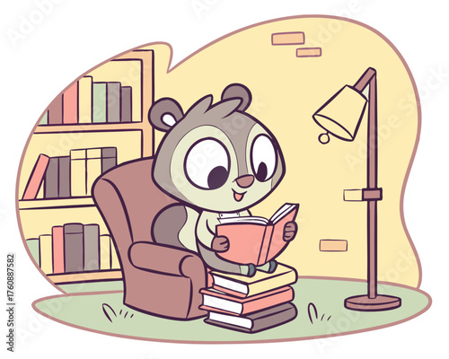 Adorable chipmunk reading a book while sitting on books near a lamp indoors