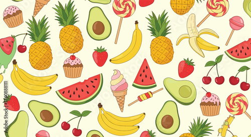 A delightful collection of fresh fruits and sweet treats scattered across a cream background.