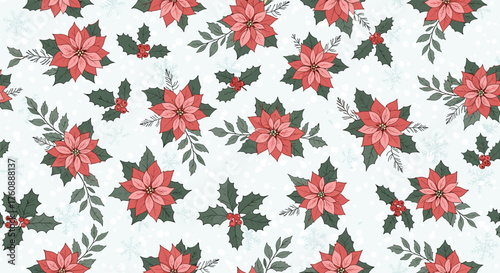 A Festive Poinsettia and Holly Berry Pattern for the Holidays.