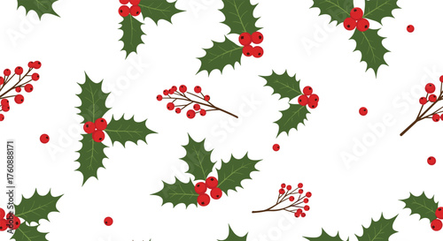 Festive holly berry branches scattered on a white background.