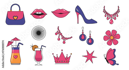 A collection of pixel art icons representing beauty fashion and celebration.