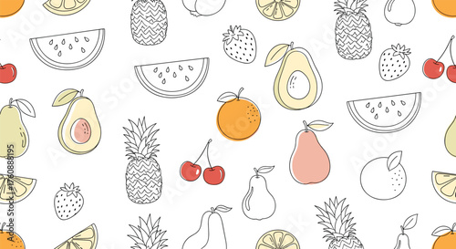A charming assortment of stylized fruits and fruit slices.