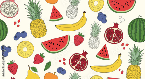 A vibrant assortment of fresh fruits and berries displayed across the background.