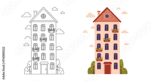 A tall apartment building with balconies and trees.