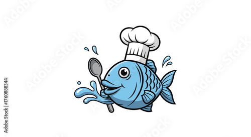 A happy chef fish with a spoon and a splash of water.