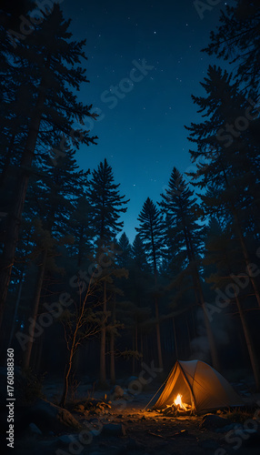 Wallpaper Mural Secluded pine campsite under starry indigo sky with soft lantern ember illumination Torontodigital.ca