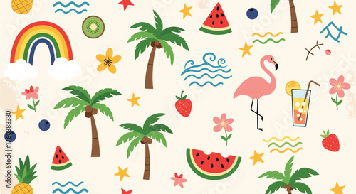 A bright and colorful summer pattern with fruits and tropical elements.