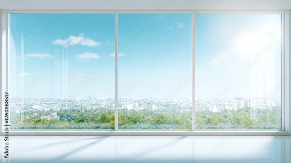 Naklejka premium Modern high-rise window view overlooking cityscape and sky