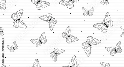 Delicate black and white butterflies dance across musical staff lines.