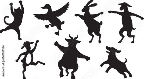 Silly Animal Silhouettes Dancing White Background