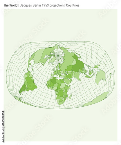 World Map. Jacques Bertin 1953 projection. Countries style. High Detail World map for infographics, education, reports, presentations. Vector illustration.