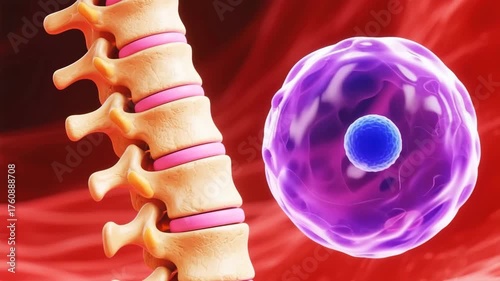 Cross-sectional anatomical view of lumbar vertebrae beside large biological cell with visible nucleus