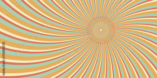 A fun retro sunbeam swirl background adds a wavy orange and yellow hue with a grunge texture. Sunbeam-inspired shapes, vector