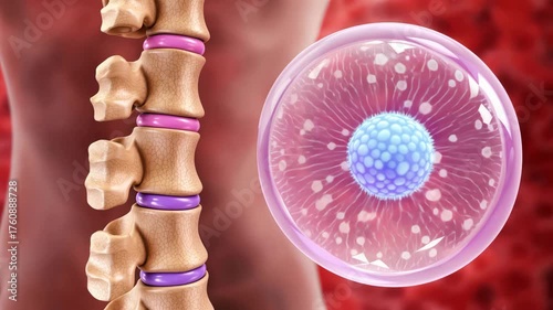 Anatomical visualization of human lumbar vertebrae with pink discs and adjacent purple biological cell