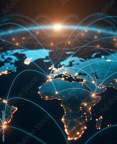 lobal network connection over the world. Internet New Best Concept of global business.World map with glowing lines on dark background. Network and communication show concept. 3D Rendering	