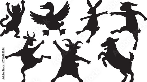 Dancing farm animals silhouettes on white background