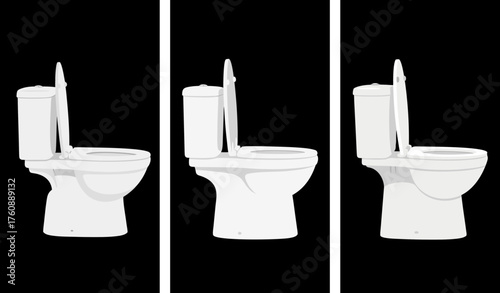 Black toilet lid open in side view and various positions, World Toilet Day, black background, isolated, vector