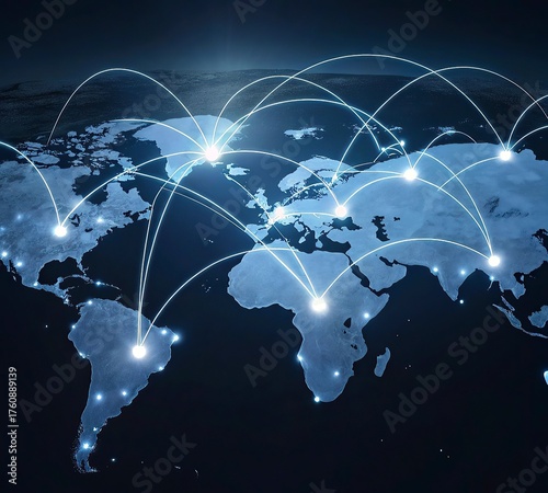 lobal network connection over the world. Internet New Best Concept of global business.World map with glowing lines on dark background. Network and communication show concept. 3D Rendering	