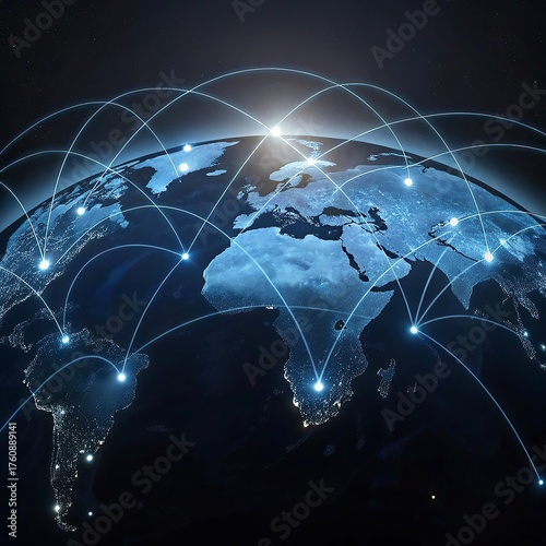 lobal network connection over the world. Internet New Best Concept of global business.World map with glowing lines on dark background. Network and communication show concept. 3D Rendering	