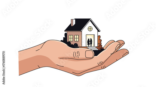 Hand holding a house a symbol of real estate home ownership or property insurance illustration isolated on white