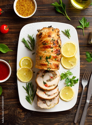 Stuffed pork tenderloin loaded with fried mushrooms, onion, red bell pepper, spinach