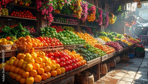 Vibrant market scene showcasing an abundance of colorful fresh produce and healthy choices marketplace