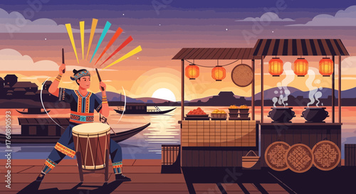 Vibrant sunset scene of traditional music and riverside food market in Asia