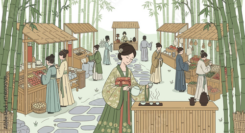 Serene depiction of a traditional Chinese market nestled within a bamboo forest