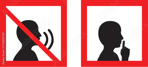 Pictogram showing 'no talking' and 'keep silence' signs with human head silhouettes.