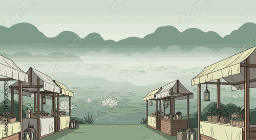 Tranquil lakeside market scene with stalls and serene water lilies in bloom