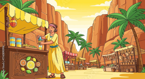 Aromatic market scene with vendor offering fresh juice amid desert canyon walls