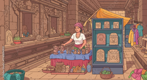 An illustrated scene showcasing a vendor selling artisanal goods within ancient ruins