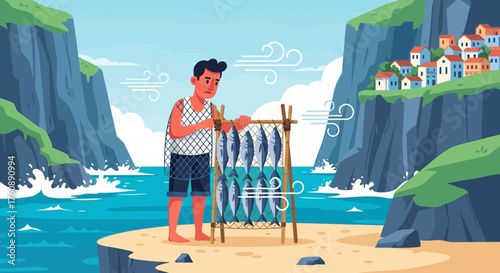 Illustration of a fisherman drying fishes by the sea with a cliff village background