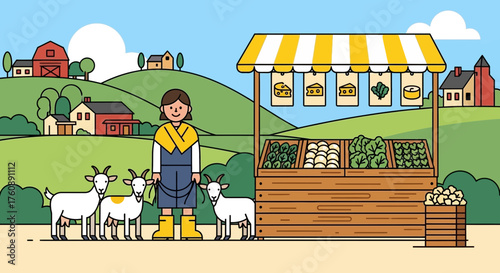 Illustration of a farm with a vendor, fresh produce stand, and goats in a rural setting