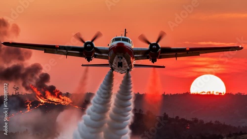 Powerful twin-engine aircraft releasing water cascade over raging forest inferno during intense sunset, capturing critical emergency response moment with dramatic environmental backdrop.