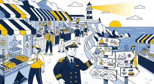 Coastal market day illustration with captain guide and diverse tourism attractions
