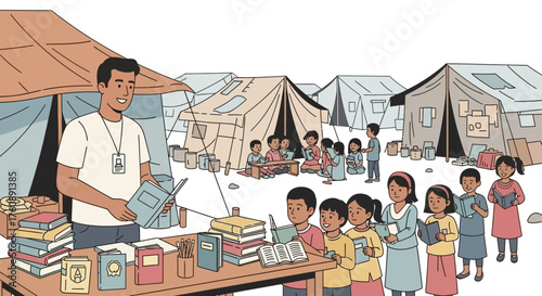 Education amidst adversity: A volunteer reads to refugee children in a camp setting