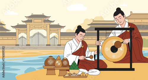 Ceremony of Buddhist Monks: A Traditional Celebration with Gong and Offerings at Temple