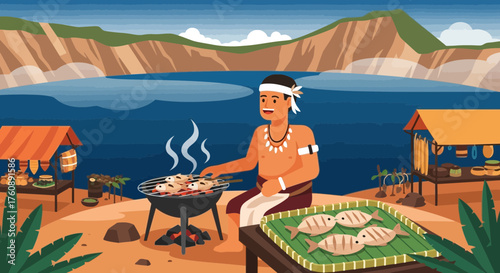 Coastal culinary tradition: grilling fresh fish by the ocean with cultural flair